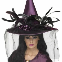 Smiffys Witch Hat, Net & Feathers Halloween Hats