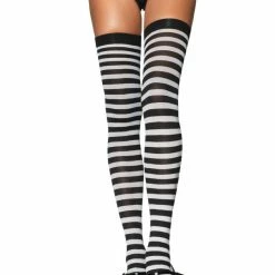 Leg Avenue Hoisery Plus Size Striped Thigh Highs, Black And White