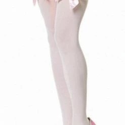 Leg Avenue Nylon Thigh Highs, White With Pink Bows