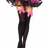 Leg Avenue Nylon Thigh Highs, Black With Dark Pink Bow Hoisery