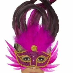 Smiffys Masquerade Bright Pink Feathered Eyemask