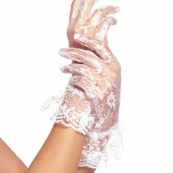 Leg Avenue Wrist Length Lace Gloves With Ruffle, White