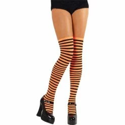 Wicked Hoisery Thigh Highs, Striped, Orange-Black